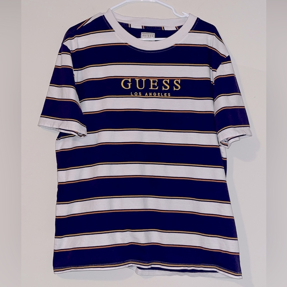 Vintage Guess Los Angeles Striped T-Shirt White Purple Orange Men Size Medium